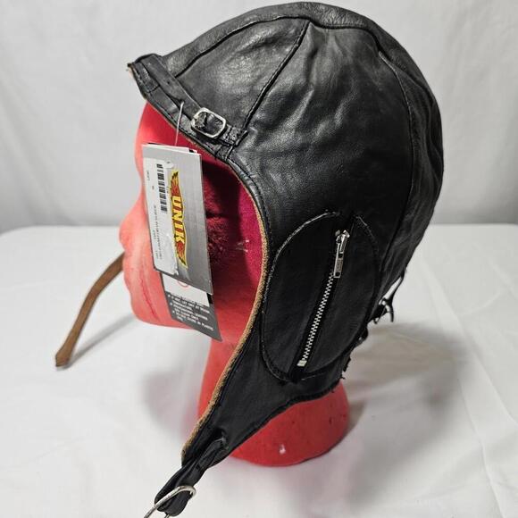 NWT Vtg Mens Black Leather Skull Cap Chin Strap Hat Size XL Motorcycle Rider. - Picture 1 of 10